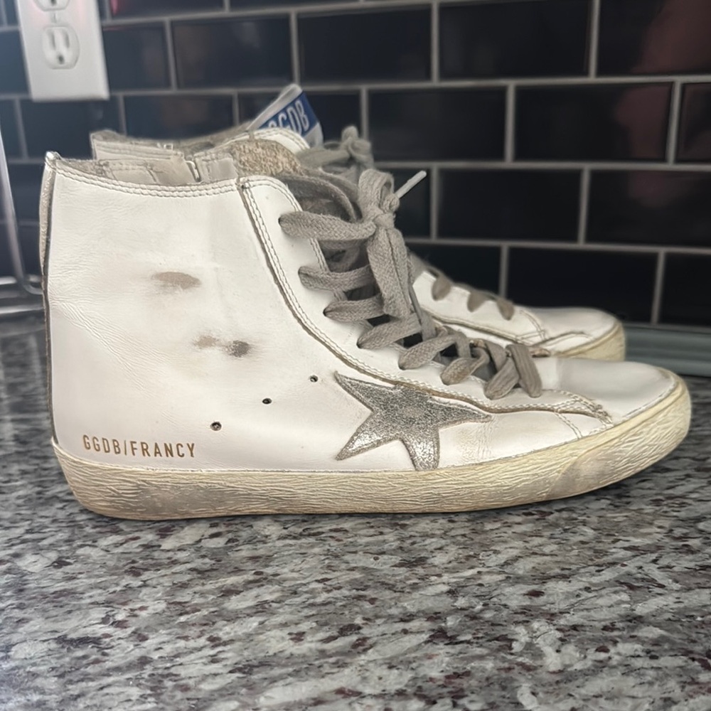 Golden Goose Cream High-Tops with Silver Star